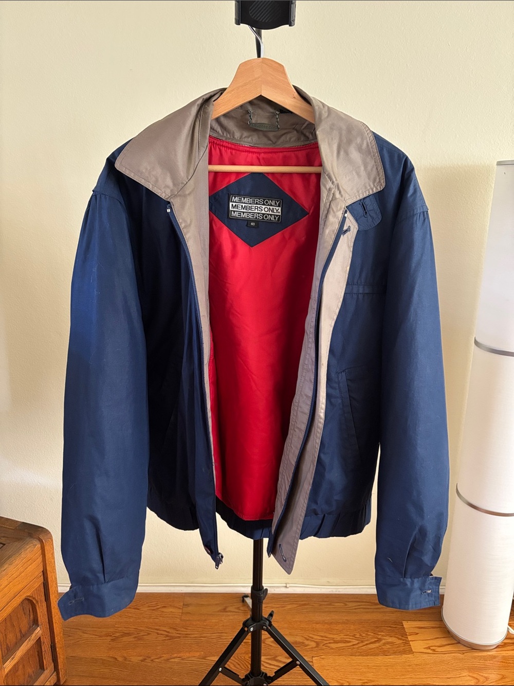 Members Only Navy Jacket with Red Lining and Gray Trim